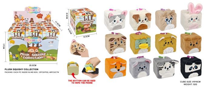 (Mis 0) ANIMALETTI CUBO Peluche Squishy 8cm (In Blind Box 9x9x9cm) Con Base Pulisci-Telefono In espo da 12pz 12ass…x12…x48
